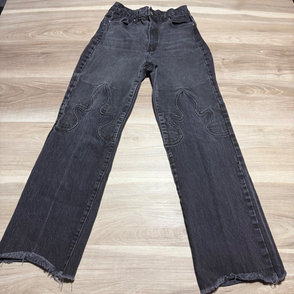 Revice Denim Flame‎ Applique Jeans Women 28 Black High Rise Raw Hem Straight Leg